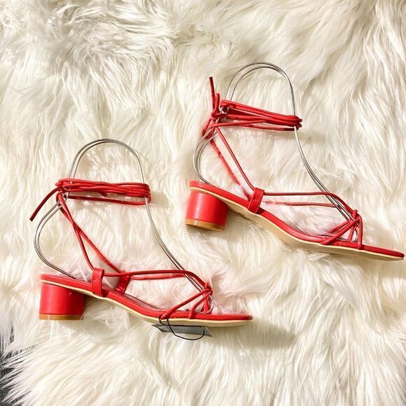 ZARA RED LOW HEELS STRAPS SANDALS - Picture 4 of 9